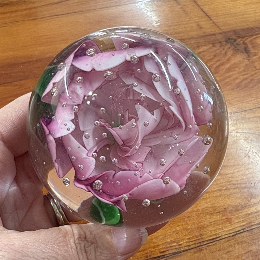 Paperweight, hand blown glass pink floral paperweight